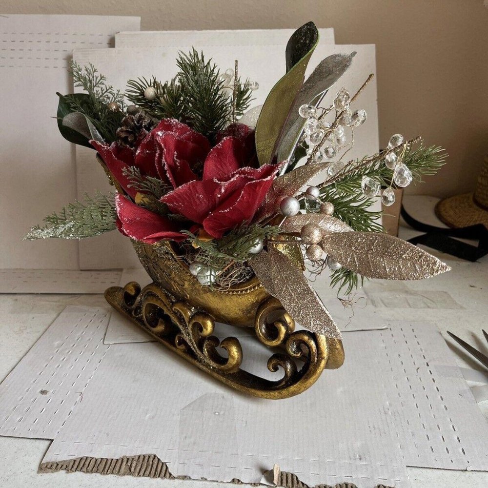 Multicolor 18" Christmas Sleigh with Pine, Pinecones and Berries Artificial